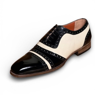 Crafted leather handmade men black white leather dress shoes