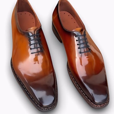 Crafted leather men brown patina genuine calf leather dress shoes - Thumbnail 5