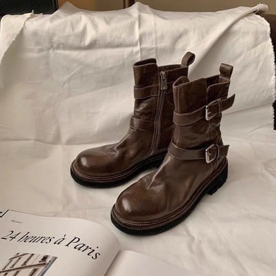 Top-layer cowhide ankle boots soft upper shoes belt buckle washed and creased texture - Thumbnail 2