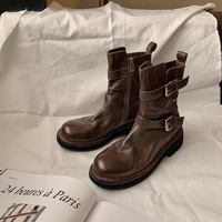 Top-layer cowhide ankle boots soft upper shoes belt buckle washed and creased texture - Thumbnail 2