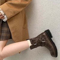 Top-layer cowhide ankle boots soft upper shoes belt buckle washed and creased texture - Thumbnail 4