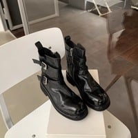 Top-layer cowhide ankle boots soft upper shoes belt buckle washed and creased texture - Thumbnail 1