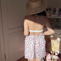 V-neck, sexy, floral print, spaghetti strap dress/tank top with A-line short skirt. - Thumbnail 6