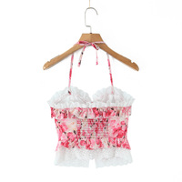 V-neck, halter-neck top with tie closure, floral print, and ruffle details. - Thumbnail 6