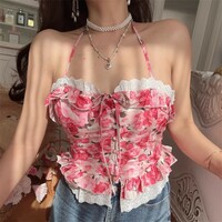 V-neck, halter-neck top with tie closure, floral print, and ruffle details. - Thumbnail 2