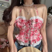 V-neck, halter-neck top with tie closure, floral print, and ruffle details. - Thumbnail 3