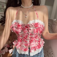 V-neck, halter-neck top with tie closure, floral print, and ruffle details. - Thumbnail 4