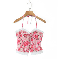 V-neck, halter-neck top with tie closure, floral print, and ruffle details. - Thumbnail 5