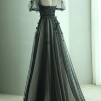 O-neck Prom Dress Black Party Dress Fairy Evening Dress Cute Puff Sleeves Birthday Dress,1777 - Thumbnail 2