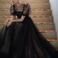 O-neck Prom Dress Black Party Dress Fairy Evening Dress Cute Puff Sleeves Birthday Dress,1777 - Thumbnail 1
