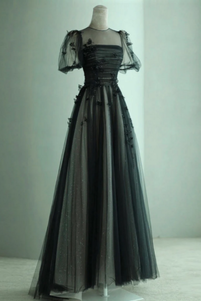 O-neck Prom Dress Black Party Dress Fairy Evening Dress Cute Puff Sleeves Birthday Dress,1777