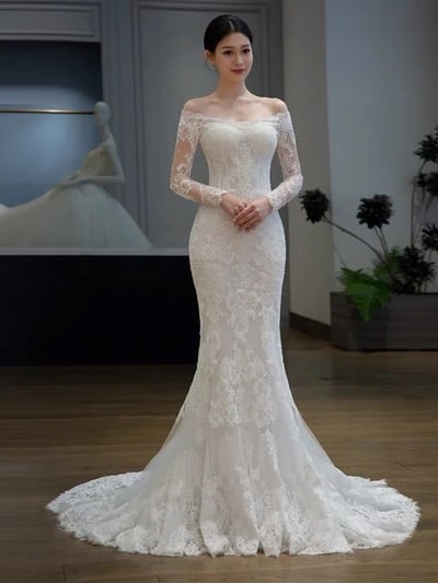 Off Shouder Wedding Dress,tulle Bridal Dress,white Wedding Dress,elegant Long Sleeve Wedding Dress,1778