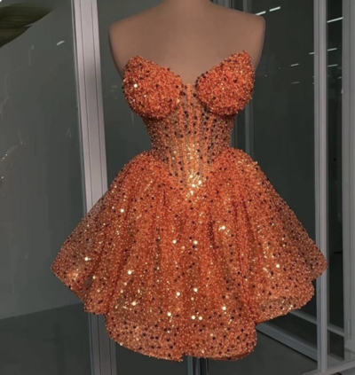 Sparkling Orange Sequin Strapless Party Cocktail Dress,1779