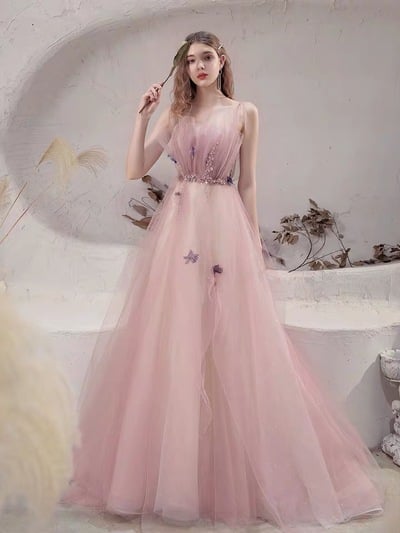 Fairy Prom Dress, Dream Bridesmaid Dress, Pink Spaghetti Strap Party Dress,1780