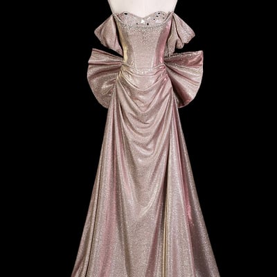 Luxury beaded glitter evening gown, off shoulder puff sleeve formal prom dress - Thumbnail 1