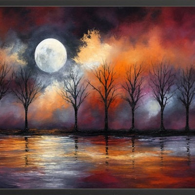 Celestial echoes - bare trees under fiery moonrise