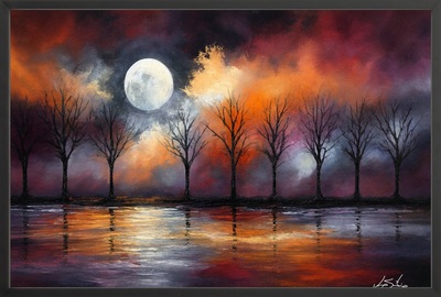 Celestial Echoes - Bare Trees Under Fiery Moonrise