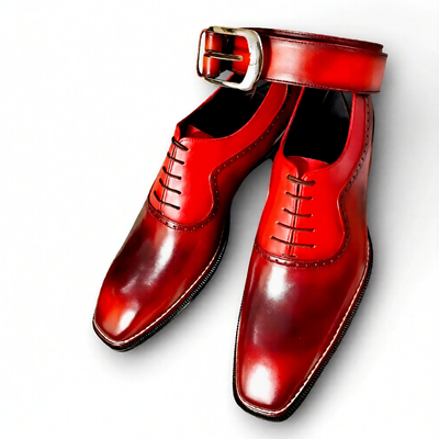 Crafted leather classic handmade men burgundy patina leather oxford lace up dress shoes with matching belt - Thumbnail 2