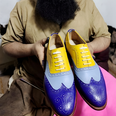 Crafted leather blue yellow calf leather classic wingtip shoes oxford lace up dress shoes handmade  - Thumbnail 3