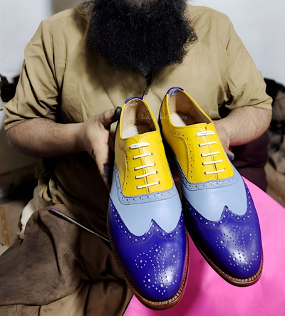 Crafted Leather Blue Yellow Calf Leather Classic Wingtip Shoes Oxford Lace up Dress Shoes Handmade 
