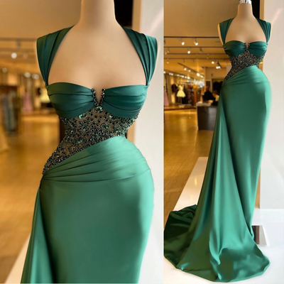 Off  Shoulder Dark Green Satin Prom Dresses Rhinestones