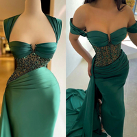 Off  Shoulder Dark Green Satin Prom Dresses Rhinestones - Thumbnail 1