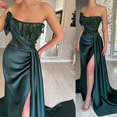 Hunter green satin prom dresses beading - Thumbnail 1