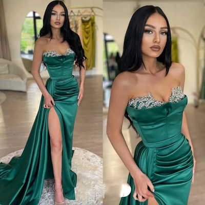  hunter green satin prom dresses beading pd7