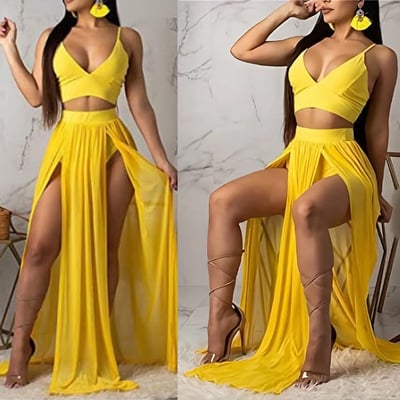 Two piece yellow prom dresses split side under 100