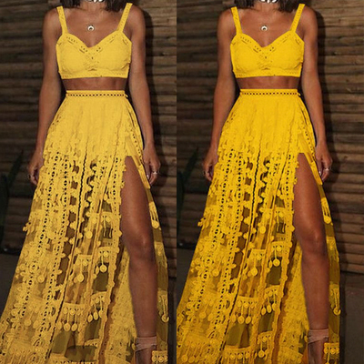 Two piece mustard yellow prom dresses lace