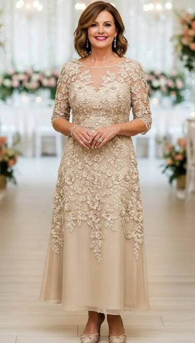 Plus Size Light Champagne Lace Tea-length Mother of Bride/Groom Dress Evening Formal Gowns 