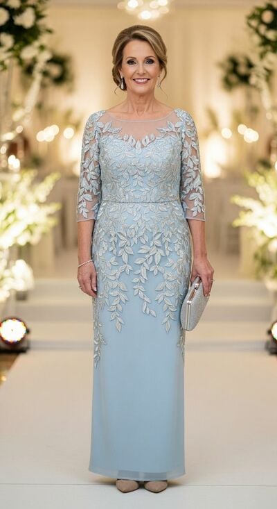 Plus Size Light Blue Sheath Lace Mother of Bride/Groom Dress Evening Formal Gowns 