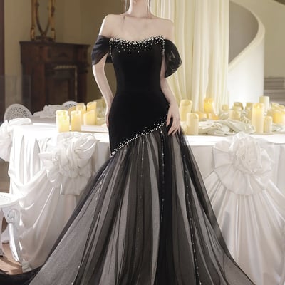 Black velvet and tulle long prom party dress