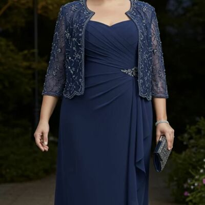 Plus size navy blue sheath chiffon mother of bride/groom dress evening formal gowns 
