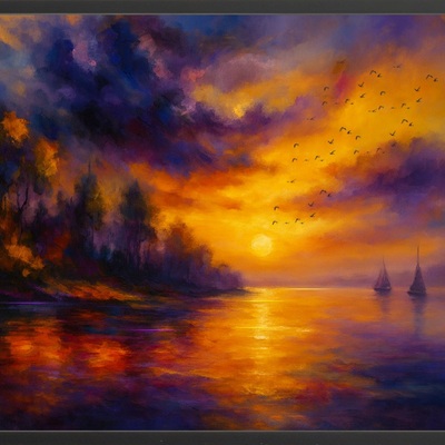 Harbor of light - sailboats beneath a burning sky