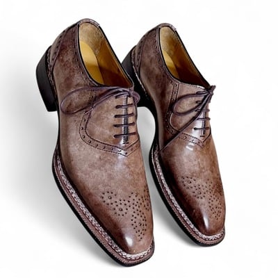 Crafted leather handmade men brown leather norwegian welted lace up dress shoes - Thumbnail 4