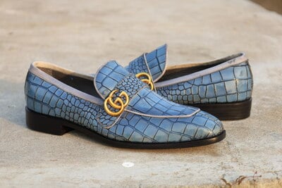 Crafted Leather Handmade Men Blue Patina Crocodile Loafers Dress Shoes