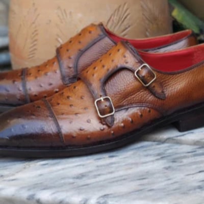 Crafted leather handmade men classic brown ostrich leather monk strap dress shoes