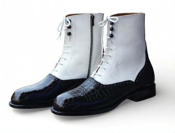 Crafted Leather Handmade Men  Black Crocodile White Leather Ankle High Lace up Boot