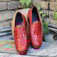 Crafted Leather Handmade Men Red Crocodile Leather Loafers Dress Shoes - Thumbnail 1