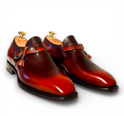 Crafted Leather Handmade Men Brown Patina Leather Monk Strap Dress Shoes