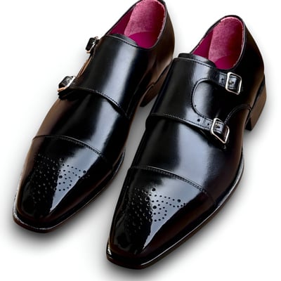 Crafted leather handmade men's goodyear welted black double monkstrap shoes   - Thumbnail 2