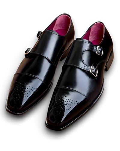 Crafted Leather Handmade Men's Goodyear Welted Black Double Monkstrap Shoes  