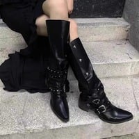 Women's knight  boots black punk style long boots retro boots - Thumbnail 4