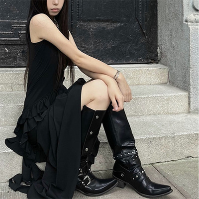 Women's knight  boots black punk style long boots retro boots
