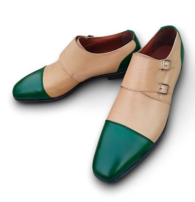 Crafted Leather Mens Classic Cram Crocodile Green Calf Leather Monk Strap Dress Shoes