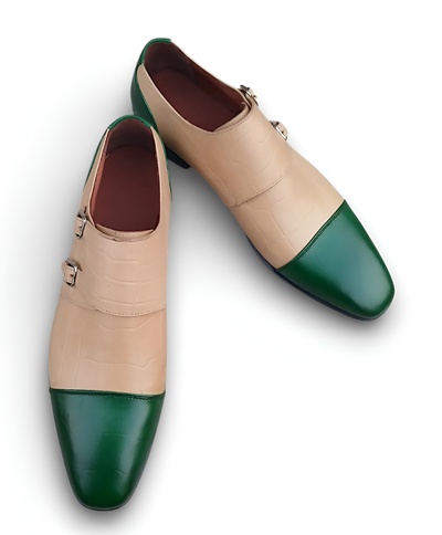 Crafted Leather Mens Classic Green Calf Cream Crocodile/Alligator Leather Dress Shoes