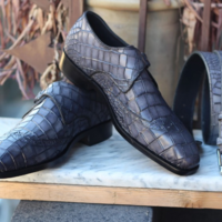 Crafted Leather Handmade Men Gray Patina Crocodile Leather Monk Strap Loafers Dress Formal Shoes - Thumbnail 1