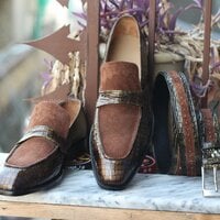 Crafted Leather Handmade Men Genuine Brown Suede Crocodile Leather Dress Shoes  - Thumbnail 2