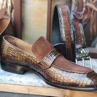 Crafted Leather Handmade Men Genuine Brown Suede Crocodile Leather Dress Shoes  - Thumbnail 1